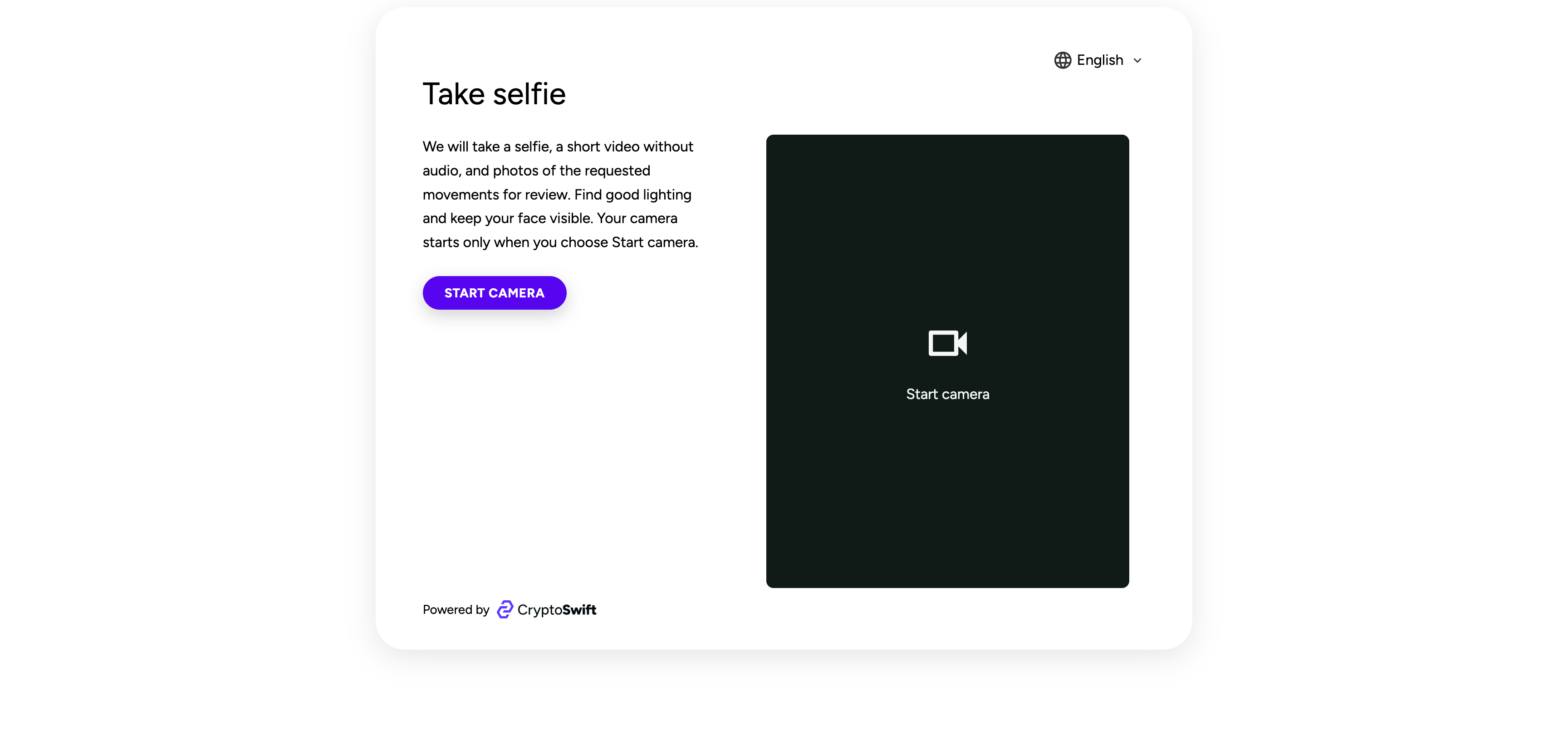 Take selfie screen with instructions and the Start camera control
